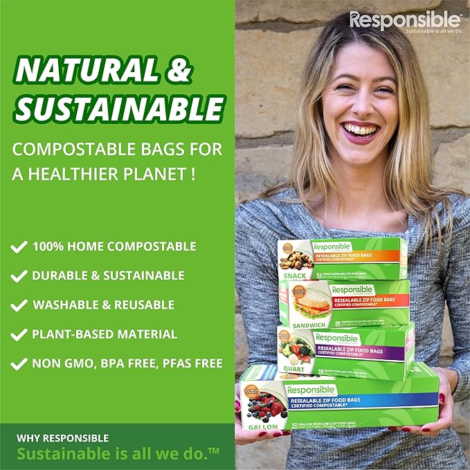 Responsible Products Certified Compostable SANDWICH Resealable Zip Bag, Extra Strength Food Bags, Plant-Based Freezer-Safe (30 Pack)