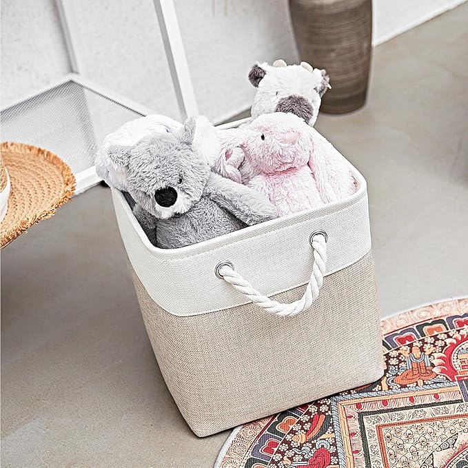 Cube Storage Bins, Collapsible Fabric Storage Cubes Bins, 11 Inch Cube Storage Bins with Handles, Foldable Storage Cubes (White/Beige, 6Pack)