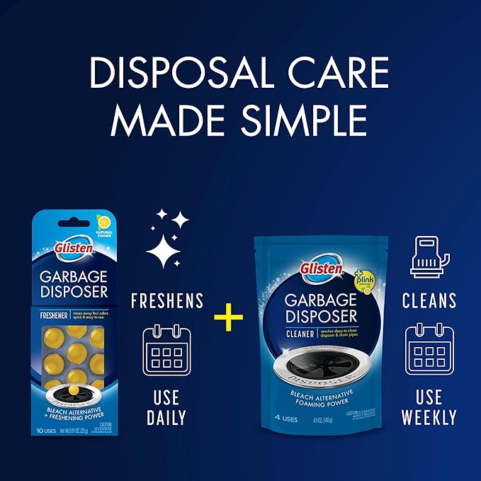 Glisten Garbage Disposer Cleaner and Freshener with Foaming Action, Helps Remove Buildup in Drains, Lemon Scent, Made in the USA, 16 Packets
