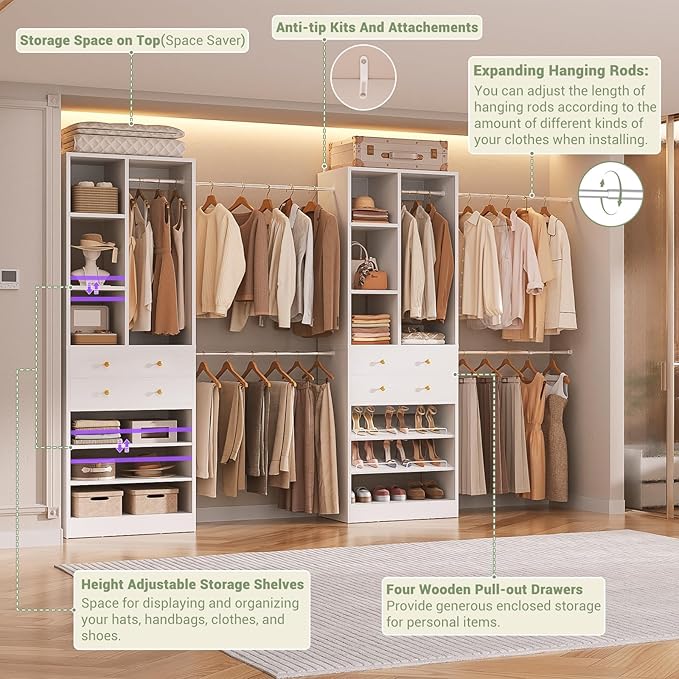 Closet System, Up to 134"/11.2 FT Closet Organizer with 4 Wooden Drawers and Shelves, Walk-in Closet System with 6 Hanging Rods, Built-in Closet Can Fit 96"/8FT, 120"/10FT, White