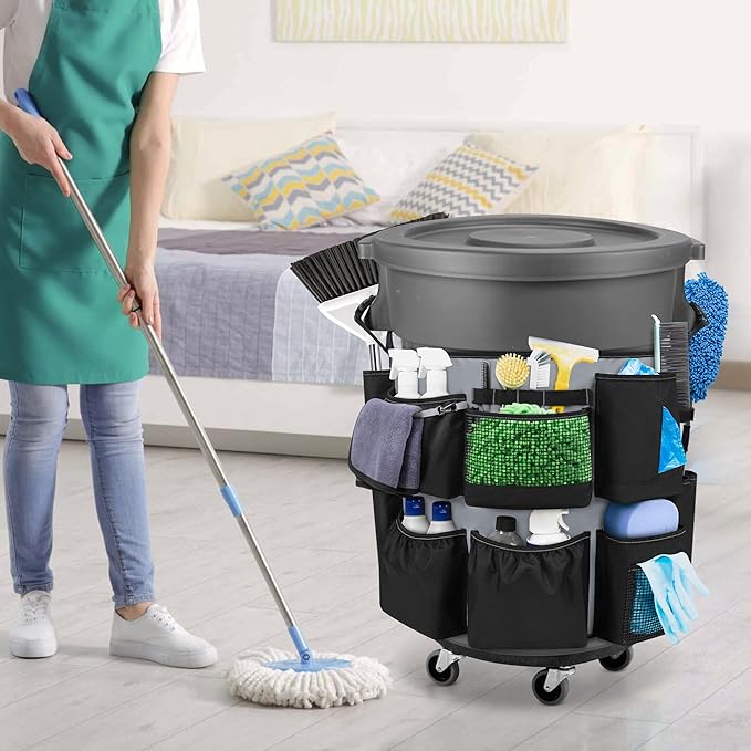 32-55 Gallon Trash Can Caddy Bag, Garbage Bin Apron Caddy with Multiple Pockets for Cleaning Supplies, Cleaning Tool Organizer with Adjustable Buckle for Janitorial Trash Can, Black+Gray