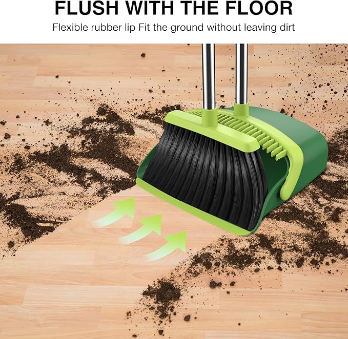 Broom and Dustpan Set, 52-in Long Adjustable Handle Broom Dustpan Combo with Dust pan Teeth to Automatically Clean Hair Suitable for Home Kitchen Office Hall Floor (Green), 2 Pack