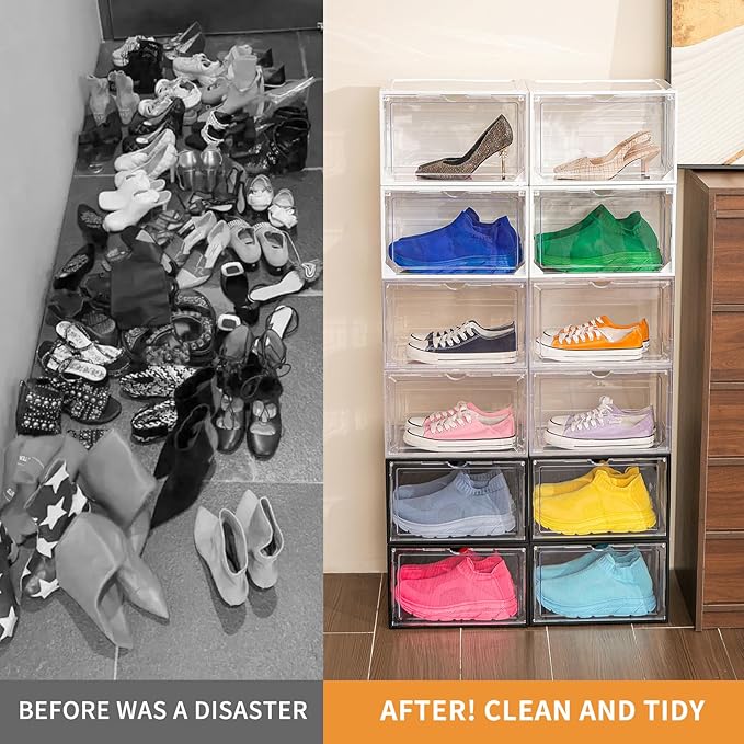 12 Pack Black Shoe Boxes Stackable,Large Shoe Storage Organizer with Magnetic Door,Drop Side Shoe Containers for Entryway,Sneaker Storage Fit up to US Size 12 for Men/Women(13’’x 10.62”x 8.26”