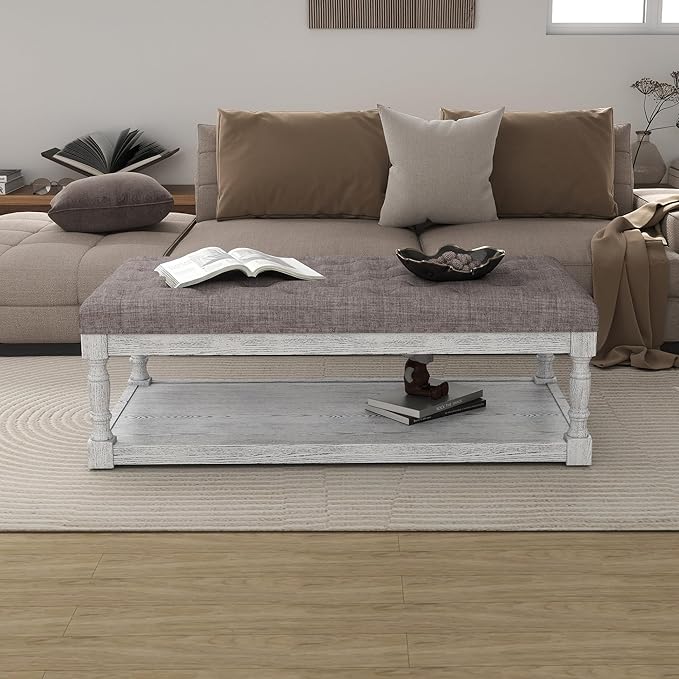 48" Large Ottoman with Storage Coffee Table, Upholstered Tufted Linen Ottoman Bench with Solid Wood Shelf for Living Room, Bedroom, Holds 250lbs (Light Gray)