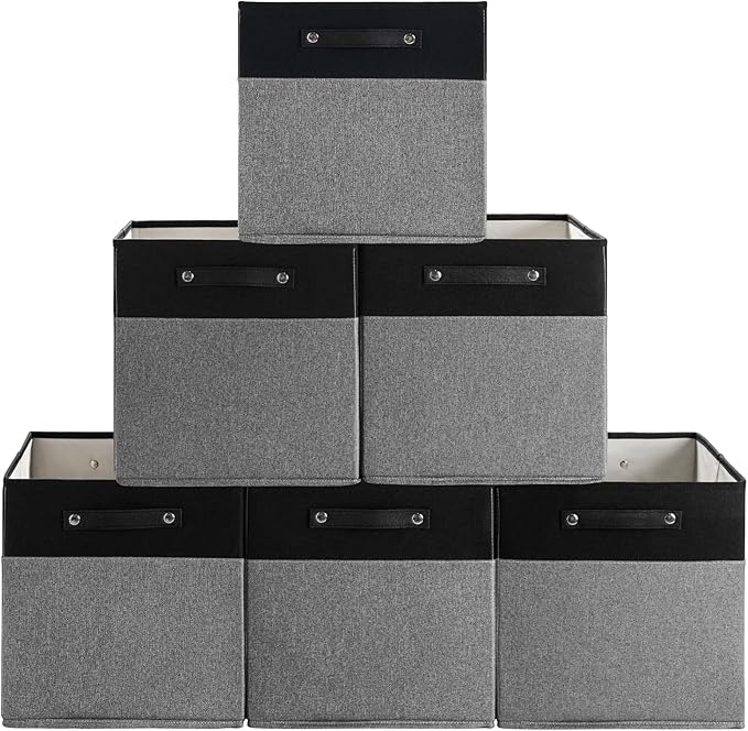 13 x 13 Inch Fine Linen Storage Bins with Handles，Fabric Cube Boxs，Collapsible Basket Organizers for Shelves for Home, Closet Drawers (Black/Gray-6 Pack)