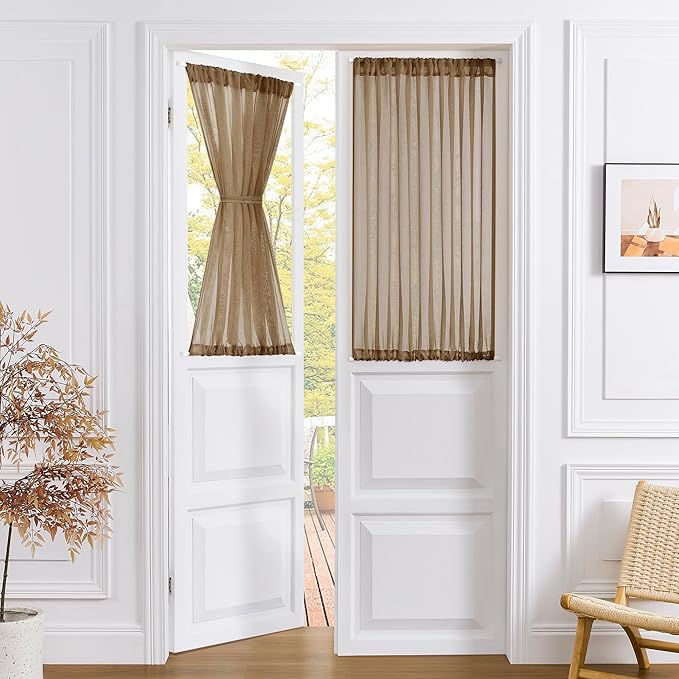 Tollpiz Short Sheer Door Curtains Closet Linen Textured Curtains Sheer Doorway Light Filtering Voile Patio Glass Doors Rod Pocket Curtain French Door, 54 x 40 inches Long, Brown, Set of 1 Panel