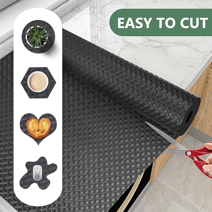 Shelf Liners, Non-Adhesive Drawer Liner, Waterproof & Oil-Proof Kitchen Cabinet Cupboard Liner Plastic EVA Material BPA Free Fridge Liner Mats Paper Protector for Shelves (Black/16in x 240in)