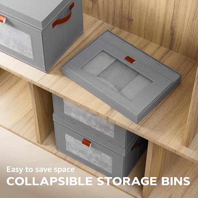 Large Storage Bins with Lids,Stackable&Collapsible Closet Storage Bins,Oxford Fabric Organizer Box with Clear Window,Large Decorative Storage Boxes for Shelves,Wardrobe,Living Room,Dorm(Grey)