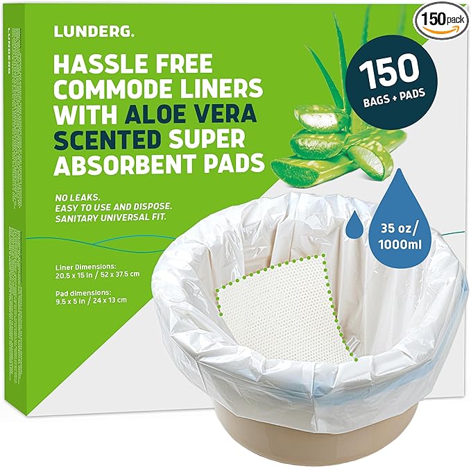 Lunderg Commode Liners with Absorbent Pads - Aloe Scent Medical Grade 150 Count Universal Fit - Disposable Bedside Commode Liners and Pads for Adult Chairs, Portable Buckets & Camping Toilet Bags
