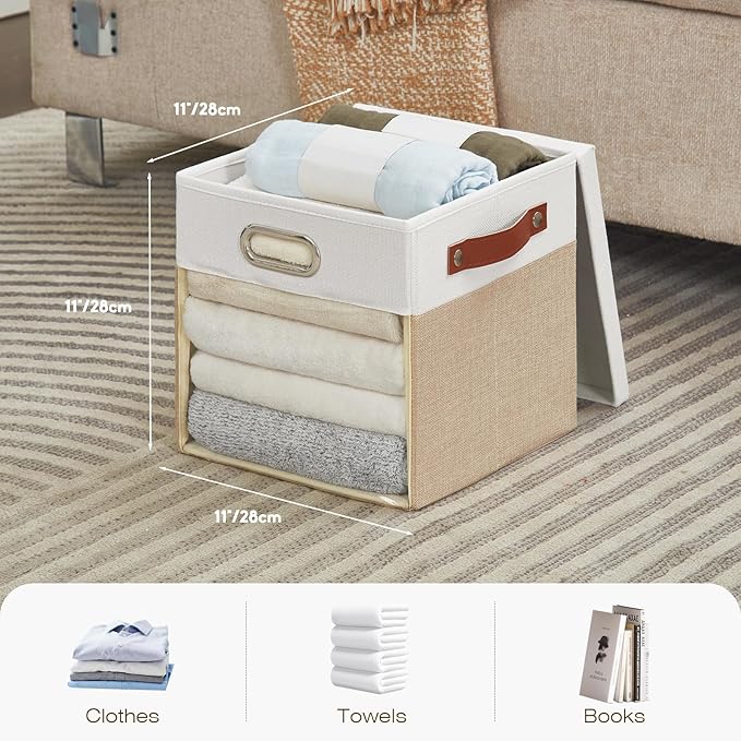 Fabric Storage Cubes with Clear Windows and Lids 11'' Foldable Storage Bins with 3 Handles, Decorative Storage Boxes for Home, Bedroom, Closet, Office (Beige & White)