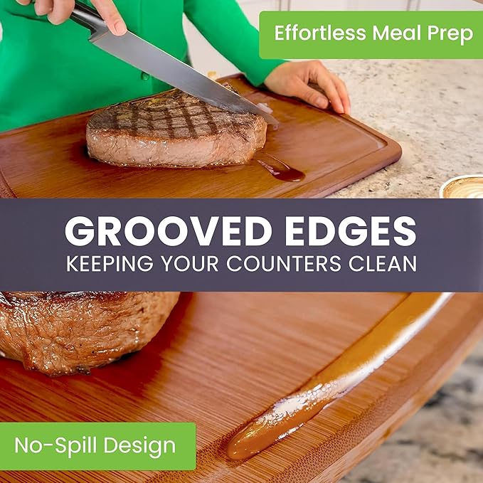 Bamboo Wooden Cutting Board Set of 3 - Used to Chop Veggies, Carve Meat, Present Charcuterie at Mealtime Prep and Family Gatherings - Ideal for Professional and Busy Home Chefs - Dark