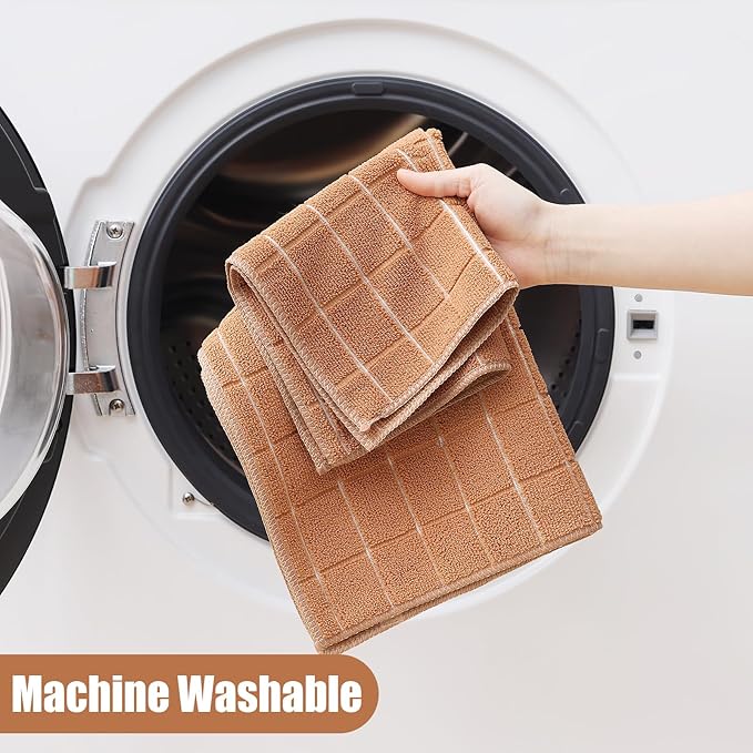 Homaxy Microfiber Kitchen Towels and Dishcloths Set, 12 Pack Soft and Absorbent Dish Hand Towels Bulk, 28 x 16 Inch & 12 x 12 Inch Quick Drying Rags for Washing Dishes, Camel