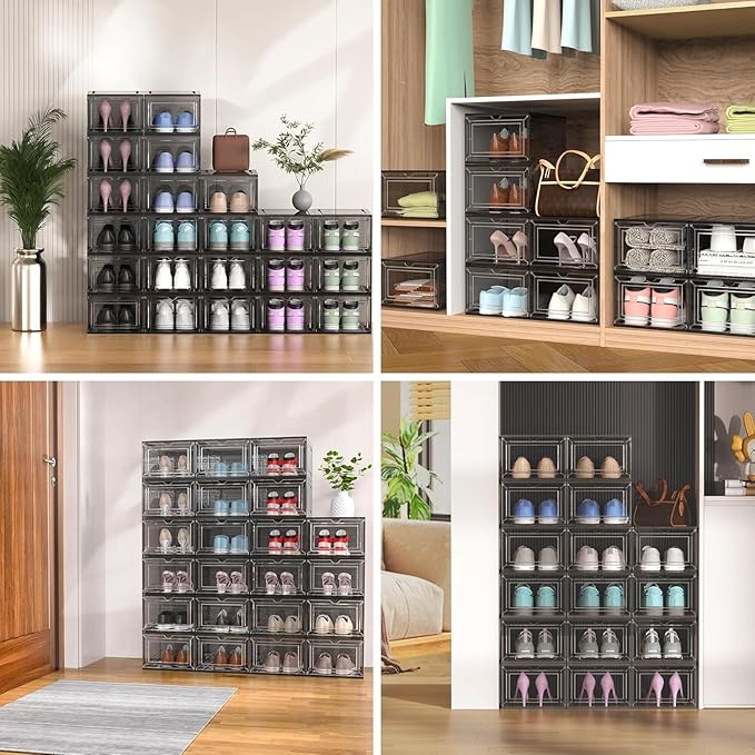Mitees 10 Pack XX Large Thicken Sturdy Hard Plastic Clear Stackable Shoe Storage Boxes for Size 12, Sneaker Shoe Rack Containers Holders Bins Display Case Organizer for Closet, Grey02