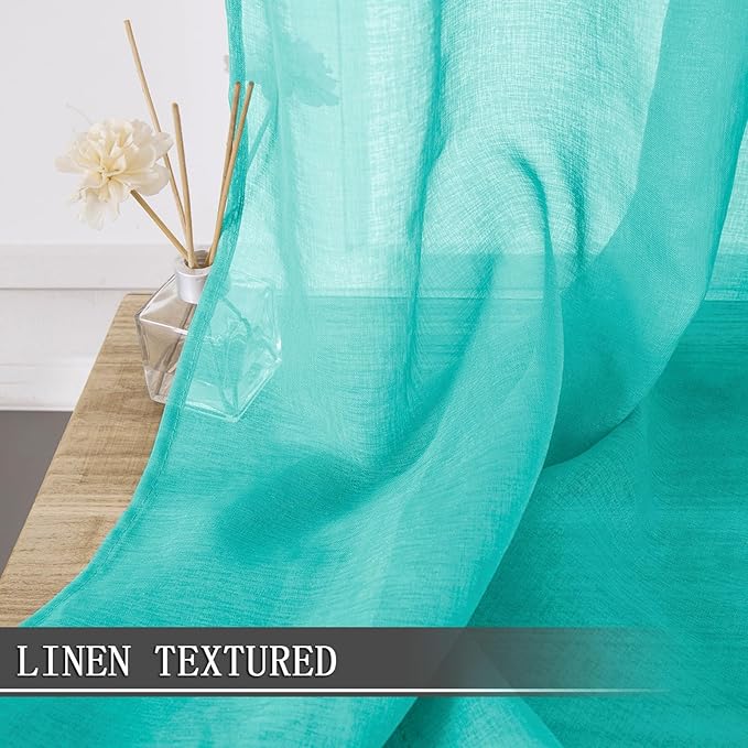 Tollpiz Short Sheer Curtains Living Room Linen Textured Curtain Sheers Light Filtering Voile Rod Pocket Curtains for Bedroom, 38 x 45 inches Long, Aqua Blue, Set of 2 Panels