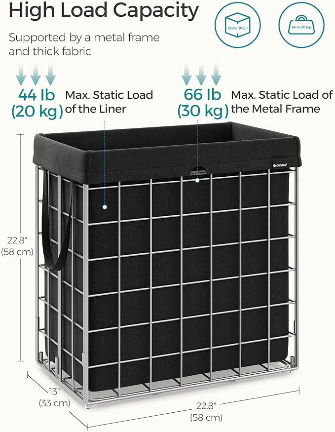 SONGMICS 29 Gal. (110L) Laundry Basket, Laundry Hamper, Collapsible Clothes Hamper, Removable and Washable Liner, Metal Wire Frame, for Bedroom Bathroom, Silver and Classic Black ULCB111B01