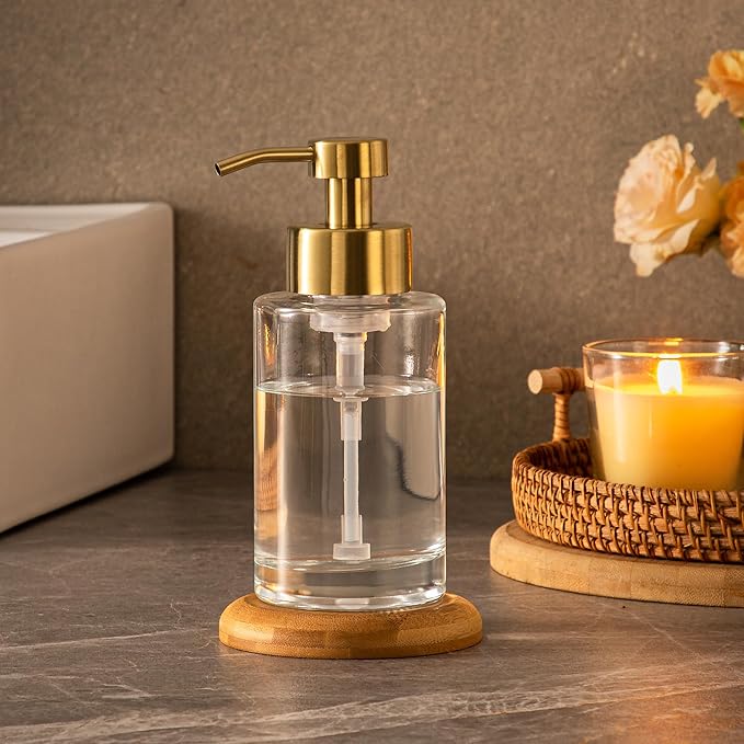 Enra Foam Soap Dispenser,12oz Thick Glass Bathroom Soap Dispenser with Stainless Steel Gold Pump for Bathroom Kitchen(Clear/Gold Poam Type)