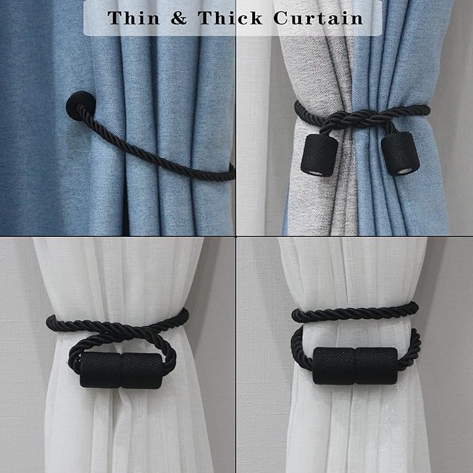6 Pack Black Strong Magnetic Curtain Tiebacks Outdoor Elegant Decorative Tie Backs Modern Rope Tiebacks for Drapes Window Curtain Holdbacks for Draperies