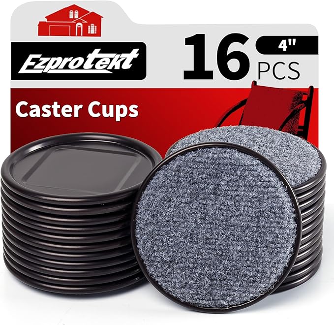 Ezprotekt 4" Round Reusable Felt Furniture Caster Cups with Carpet Bottom, 16 Pcs Felt Furniture Sliders Floor Protectors Pads to Protect Hardwood, Tile or Laminate Floors from Scratches (Brown/Gray)