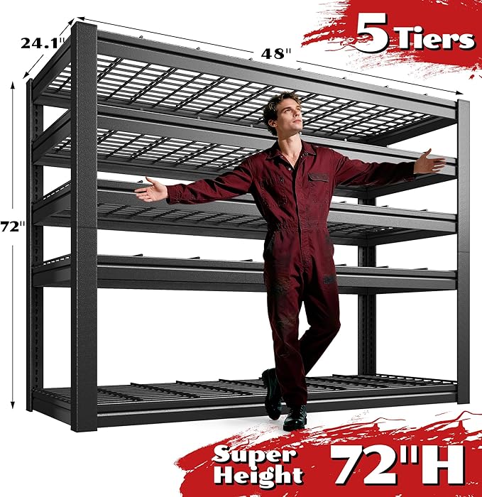 48" W Metal Shelving 5 Tier Garage Shelving 3000LBS Storage Shelves Adjustable Garage Shelves Industrial Metal Shelf for Basement Warehouse Shop Supermarket 48" W x 24.1" D x 72" H