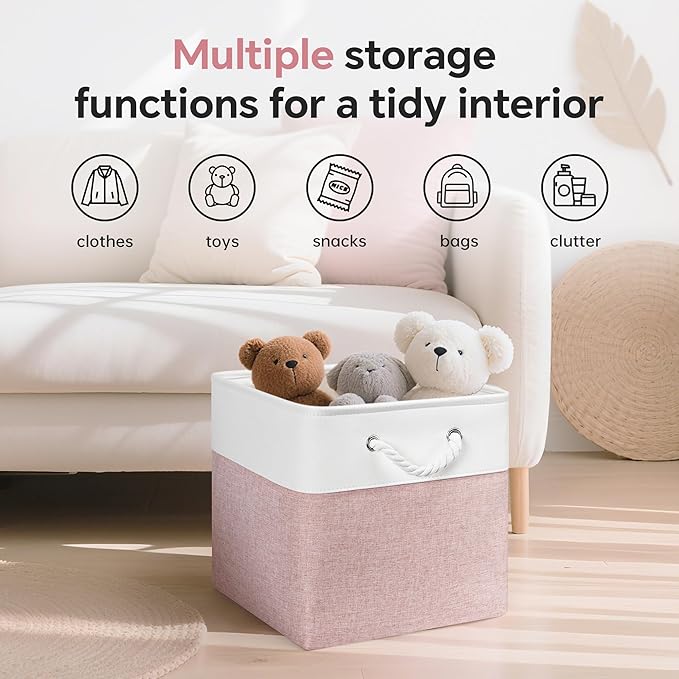 13x13 Inch Cube Storage Bins with Reinforced Bottom Cardboard, 6 Pack Large Collapsible Fabric Storage Cubes with Handles for Shelf, Closet, Toy, Laundry Organization (White&Pink)