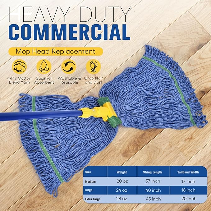 Matthew Cleaning Commercial Mop Head Replacement, 5 Inch Wide Headband, Looped End Cotton Blend String Wet Mops for Floor Cleaning, 18 oz Medium, Case Pack 12 Pcs Blue