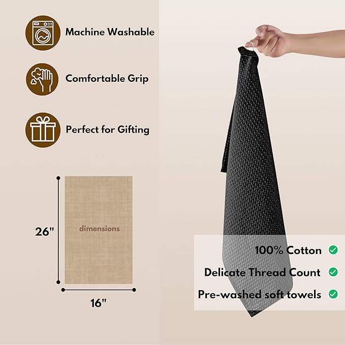 Native Fab Cotton Kitchen Towel with Hanging Loop 16x26 inches, 4-Pack, Waffle Weave Kitchen Towels for Cleaning Drying, Washcloths Soft & Absorbent Cloth Rags, Bar Towel, Dish Cloth, Black