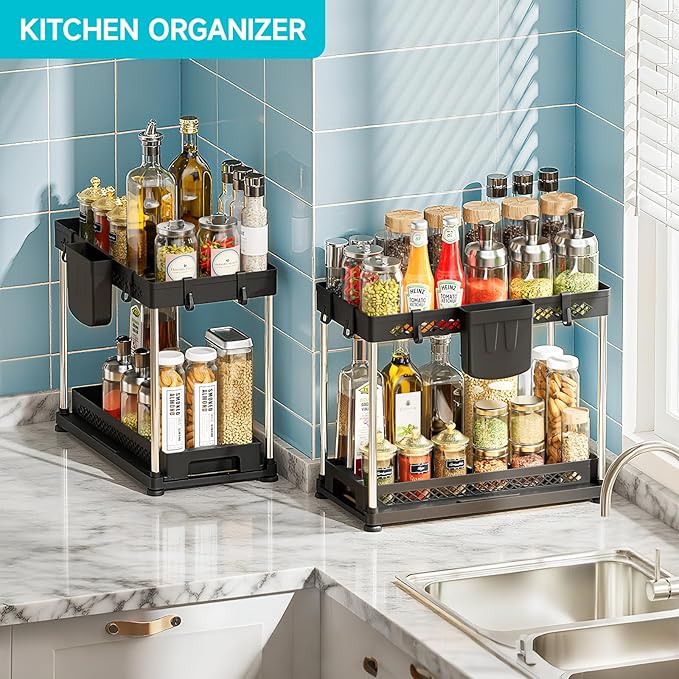 Under Sink Organizer, 2 Tier Pull Out Cabinet Organizer with Hooks Hanging Cup, Easy Installation & Rust-resistant, Multi-Purpose Storage Shelf for Kitchen Bathroom Pantry (Black, 2 Pack)