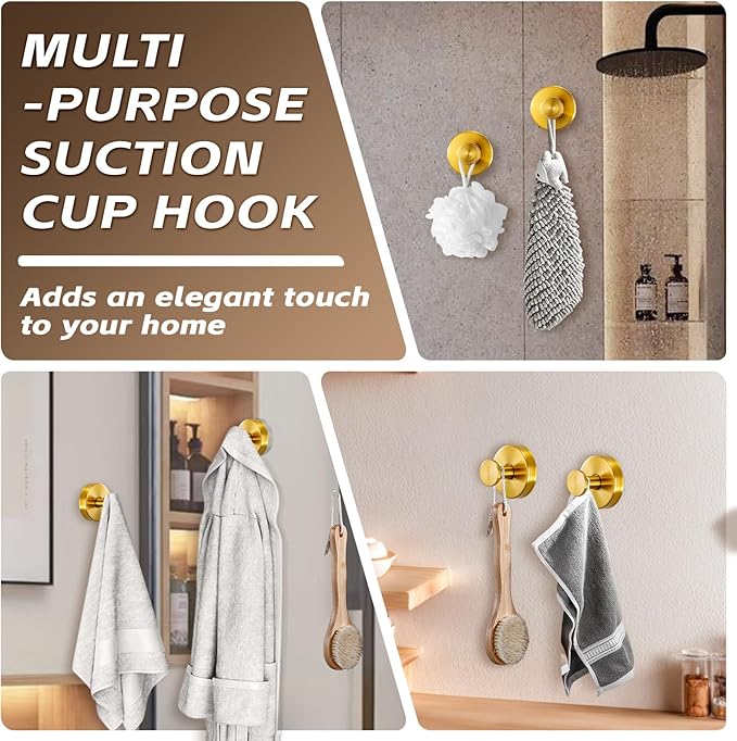Reusable Heavy Duty Suction Cup Hooks for Kitchen/Bathroom/Shower - Wet-Proof Hooks for Towels, Robes, Loofah&Wreaths/No Drill Mounting on Glass, Tile, Metal (4, Brushed Gold)