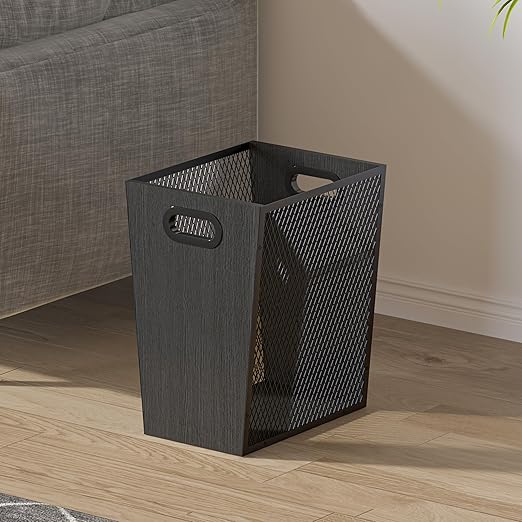 Piskyet Black Office Trash Can for Near Desk,7 Gallon Unique Wood Bedroom Garbage Can,Vintage Wastebasket with Handle, Decorative Trash Can for Home Office,12.2" L x 9.6" W x 14.9" H
