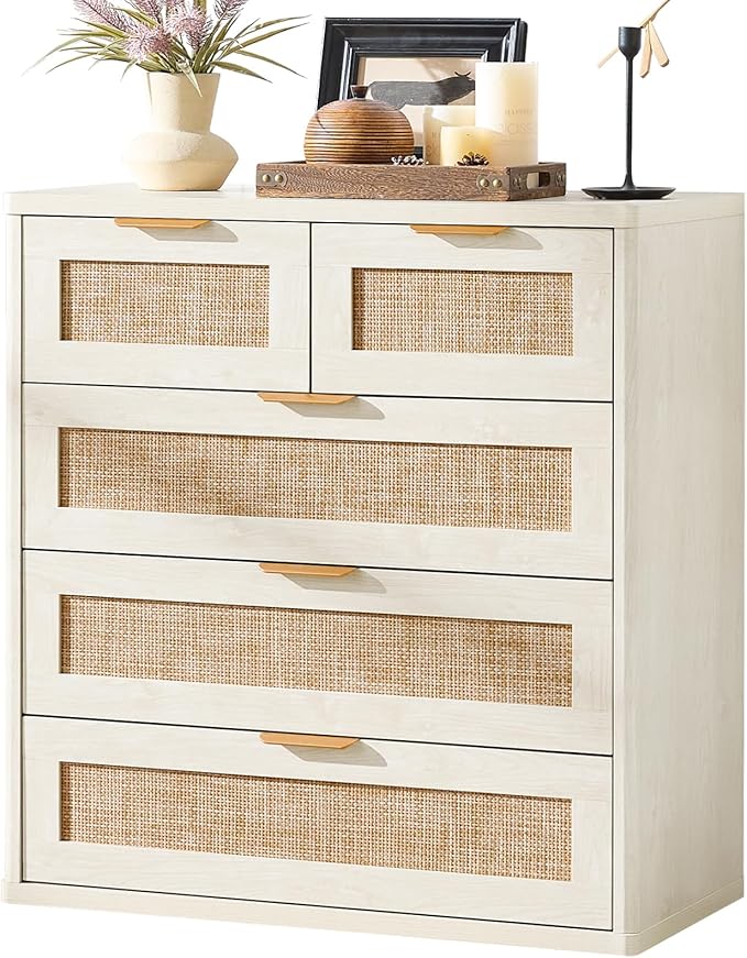 LEYAOYAO White Dresser for Bedroom, 33.5" Tall Chest of Drawers, Modern 5 Drawers Boho Rattan Dressers with Storage, Dresser Wooden Closet Organizer for Living Room, Hallway