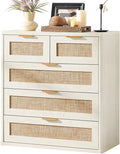 LEYAOYAO White Dresser for Bedroom, 33.5" Tall Chest of Drawers, Modern 5 Drawers Boho Rattan Dressers with Storage, Dresser Wooden Closet Organizer for Living Room, Hallway