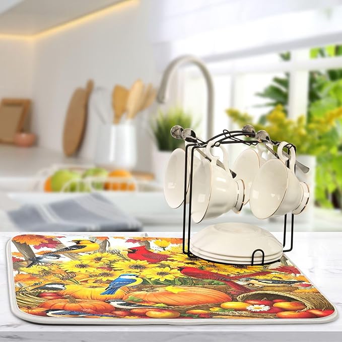Fall Birds Dish Drying Mat for Kitchen Countertop 18x24 Autumn Pumpkin Sunflower Large Drying Mat Reusable Quick Dry Dish Sink Mats Easy Clean Decorative Essentials