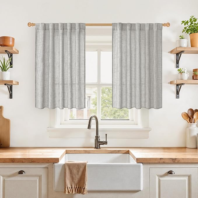YoungsTex Dark Grey Linen Semi Sheer Curtains 36 Inch Length for Cafe Winow, Short Drapes Light Filtering with Rod Pocket Back Tab for Bathroom, 2 Panels, 42 X 36 Inch
