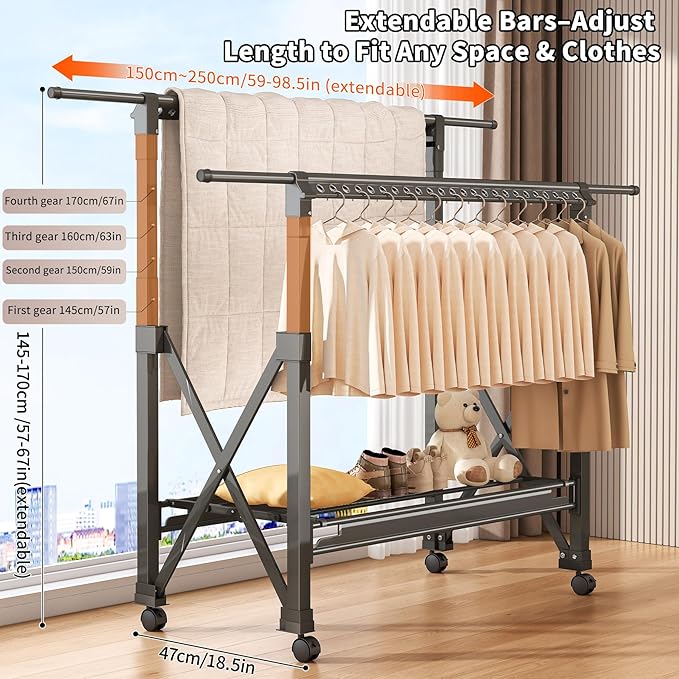 Heavy Duty Rolling Clothing Rack with Wheels, Portable Double Rod Metal Garment Rack, Clothes Drying Hanging Organizer for Laundry, Storage, Freestanding Adjustable Coat Hanger (Extendable, Grey)