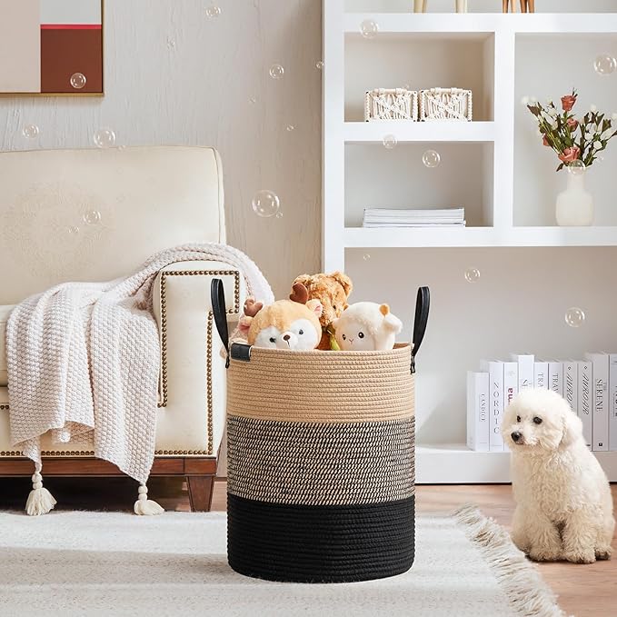 VIPOSCO Tall Laundry Basket, Large Dirty Clothes Hamper with Leather Handle, Woven Rope Storage Basket for Blanket, Toy In Living Room, Bathroom, Bedroom - 53L Brown & Black