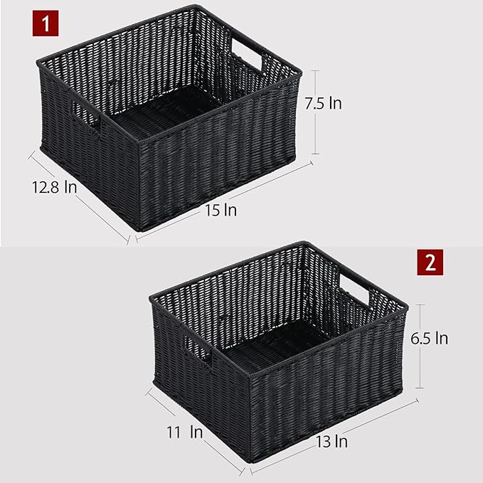 HOONEX Large Wicker Baskets for Storage, Plastic Baskets for Organizing with Dual Handles, Woven Baskets for Storage, Set of 2, (Black, 15 x 12.8 x 7.5 inches)