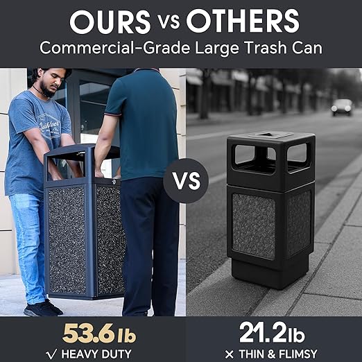 Commercial Metal Outdoor Trash Can with Lid, Lockable Outdoor Garbage Can with Nature Stone Panels, Heavy-Duty Rustproof Trash Bin with Removable Liner for Parks & Public Spaces