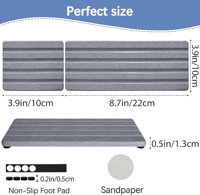 Set of 3 Diatomite Hand Soap Holder, Water Absorbing Stone Tray for Kitchen Countertop, Fast-Drying Bathroom Trays(1pcs 22 x 10cm + 2pcs 10 x 10cm Grey)