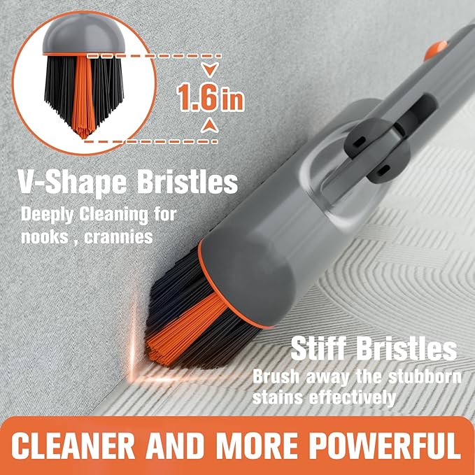 Eazer 53‘’ Grout Brush with Long Handle, 180°Rotation Tile Grout Cleaning Tool, V-Shape Shower Scrubber Cleaner, Stiff Bristle for Cleaning Bathroom Wall, Baseboards, Tile Floors - 2 Head