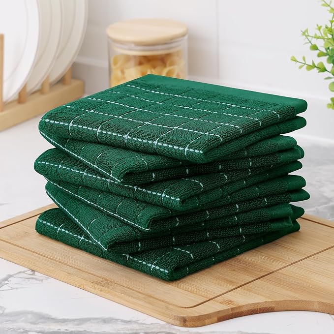 Homaxy 100% Cotton Terry Kitchen Dish Cloths, Ultra Soft and Absorbent Dish Towels for Kitchen, Perfect for Drying and Washing Dishes, 8 Pack, 12 x 12 Inches, Dark Green