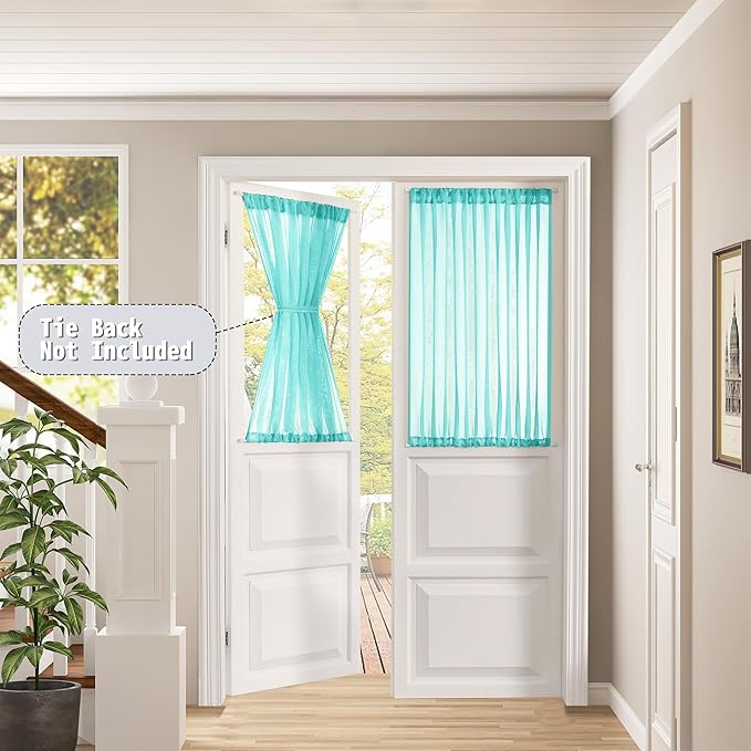 Tollpiz Short Sheer Door Curtains Closet Linen Textured Curtains Sheer Doorway Light Filtering Voile Patio Door Rod Pocket Curtain French Door, 54 x 40 inches Long, Aqua Blue, Set of 1 Panel