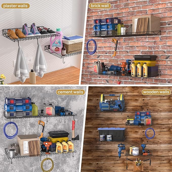 2 Pack Garage Wall Shelf, Garage Wall Mounted Shelving, Heavy Duty Floating Shelves With 4 Hooks, Loads 90 LBS Black Wall Shelves Mesh Storage Rack for Office, Basement, Wall Cabinet and Kitchen