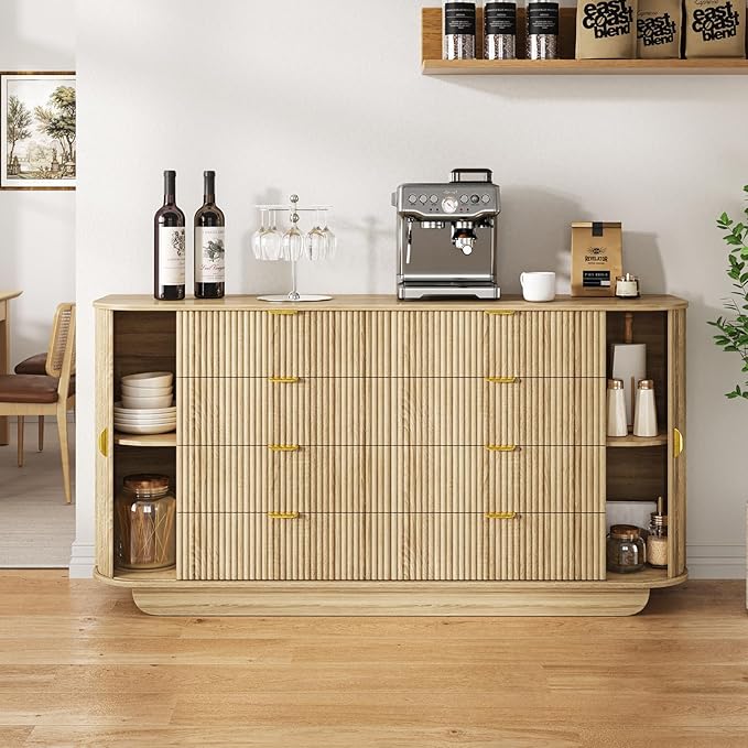 63" Tambour Dresser for Bedroom with 8 Drawers, Modern Chest of Drawers with Sliding Doors & 4 Shelves, Fluted Dresser Storage Organizer for Bedroom, Closet, Living Room(Natural)