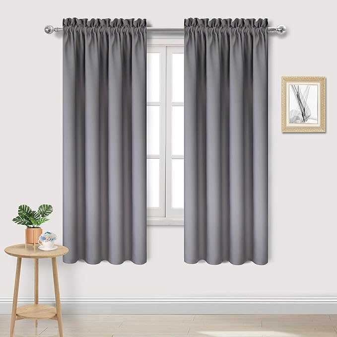 DWCN Grey Room Darkening Blackout Curtains - Rod Pocket Thermal Insulated Privacy Energy Saving Window Curtain Drapes 42x 72 inch Length, Set of 2 Bedroom Living Room Curtains