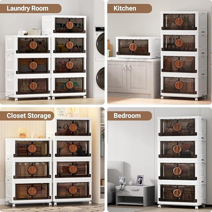 BROVIEW 480Qt Lockable Stackable Storage Bins with Lids, Closet Organizers and Storage Drawer, Collapsible Storage Bin with Wheels, Plastic Cabinet for Toy Clothes Dorm Organizer, V9 4 Pack Brown