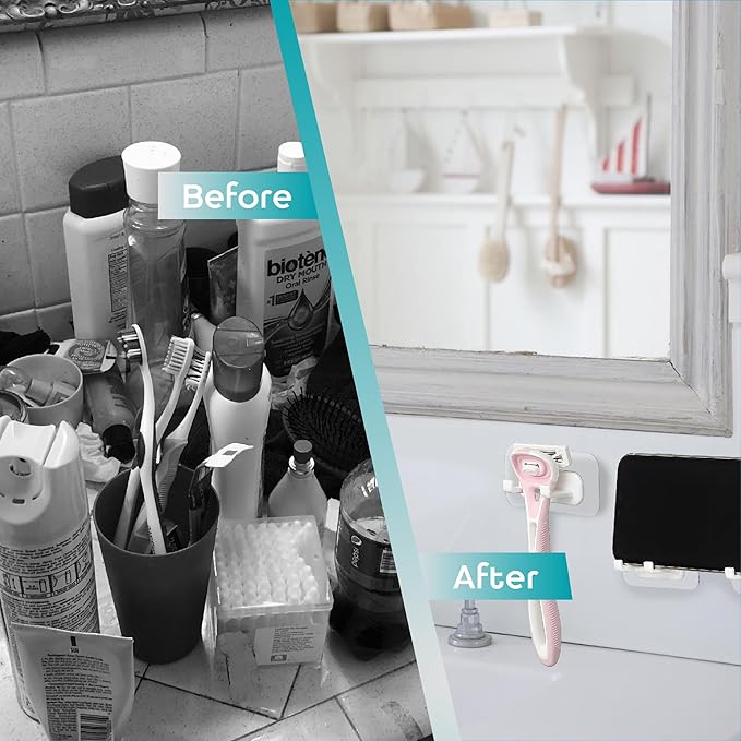 Hook LAB Self-Adhesive Shower Razor Holder, 2-Pack, Removable & Reusable Waterproof Hooks, for Towels, Bath Accessories, Kitchen & Bathroom Use - White