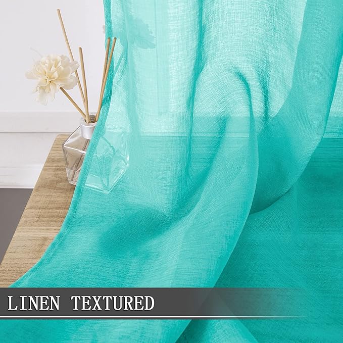 Tollpiz Sheer Curtains Linen Textured Living Room Curtain Sheers Light Filtering Rod Pocket Voile Curtains for Bedroom, 42 x 63 inches Long, Aqua Blue, Set of 2 Panels