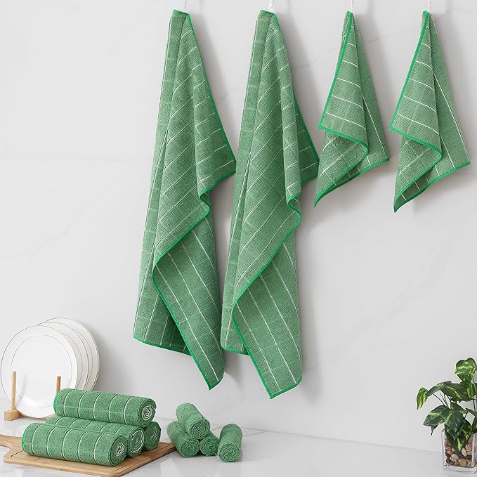 Homaxy Microfiber Kitchen Towels and Dishcloths Set, 12 Pack Soft and Absorbent Dish Hand Towels Bulk, 28 x 16 Inch & 12 x 12 Inch Quick Drying Rags for Washing Dishes, Grass Green