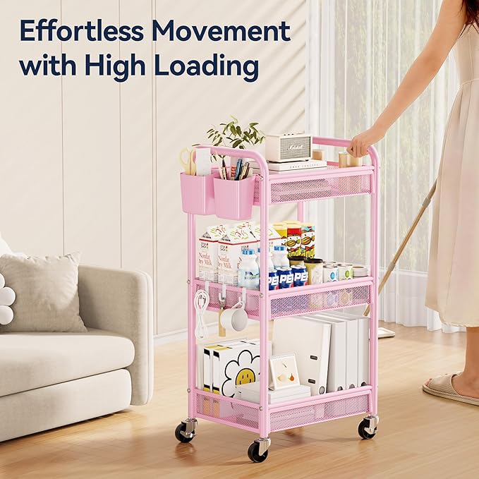 YASONIC 3 Tier Rolling Cart – Metal Utility Storage Cart with Wheels, Craft Cart Organizer with Hanging Cups, Hooks, Mesh Basket for Bedside Kitchen Office Art, Pink