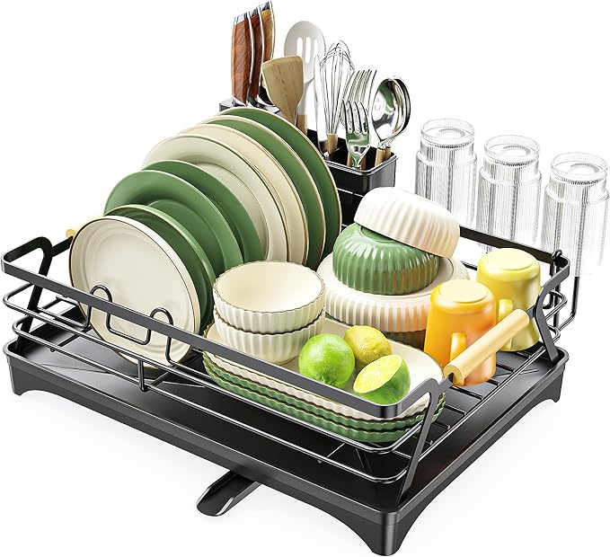 Epicano Dish Drying Rack for Kitchen Counter,Space-Saving Dish Rack,Rustproof Dish Drainer with Utensil Holder and Knife Slots for Sink,Kitchen Drying Rack with Wooden Handle and Cup Holder, Black